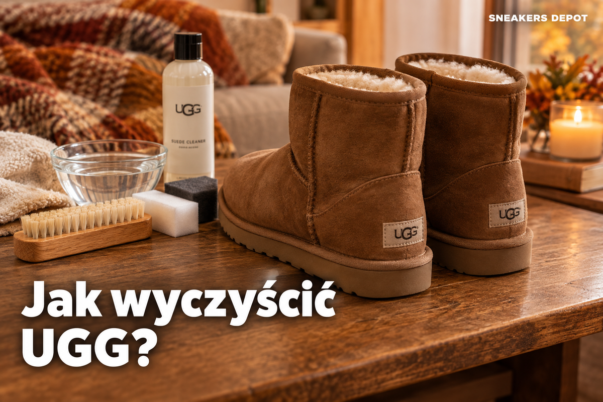 Brązowe buty UGG Classic Mini obok szczotki do zamszu i środka do czyszczenia – jak wyczyścić UGG