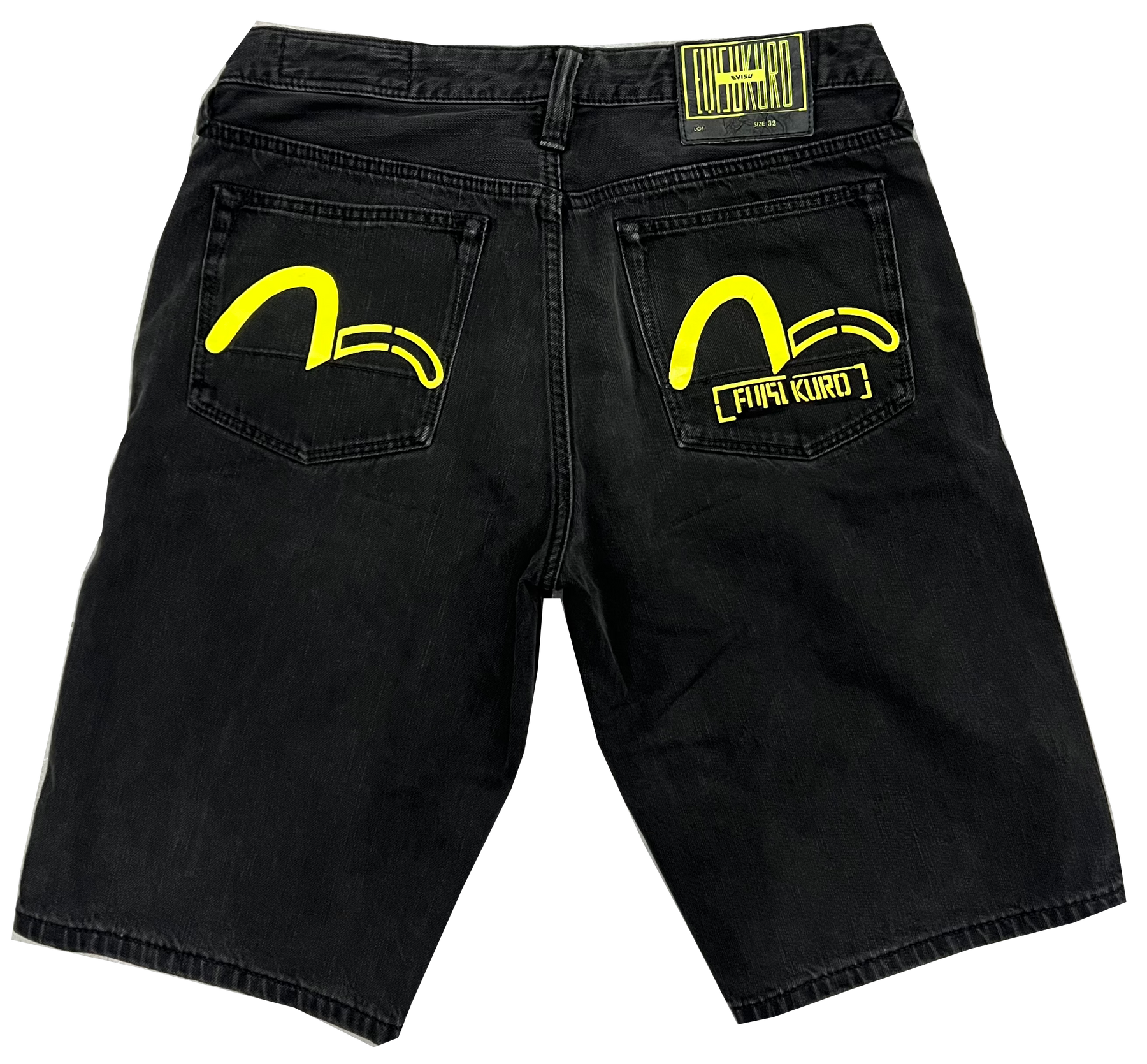 Evisu Kuro Neon Print Logo Shorts Denim Black