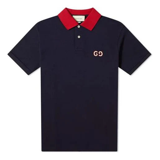 Gucci GG Logo Embroidered Short Sleeve Polo Shirt Navy