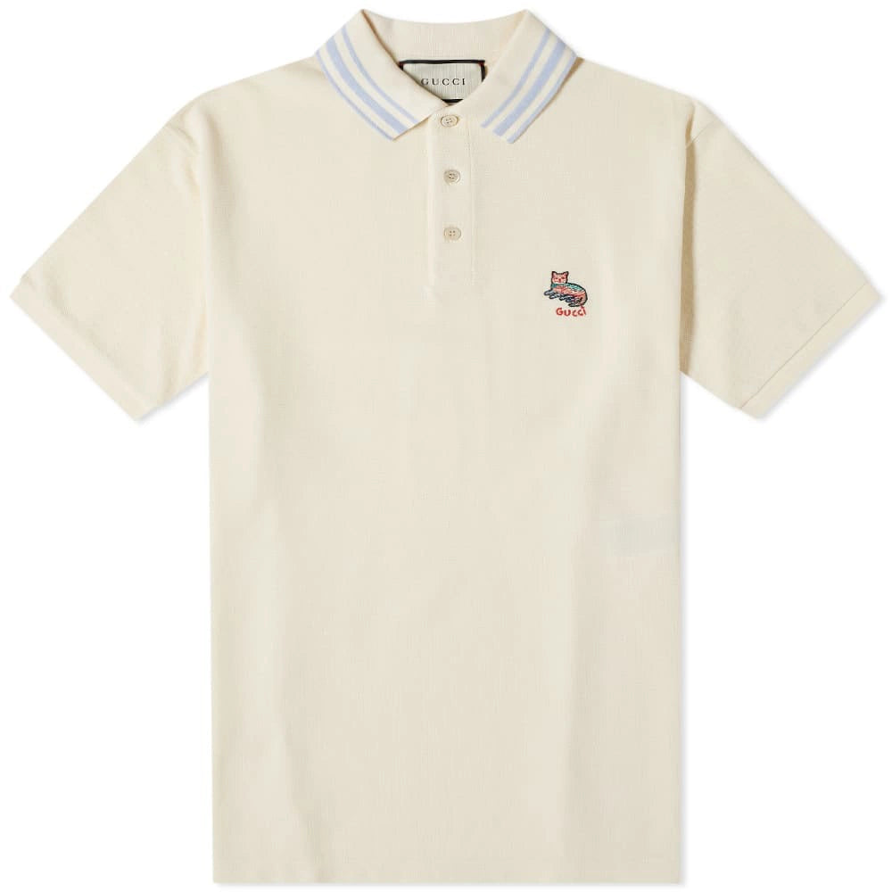 Gucci Cat Logo Embroidered Polo Cream