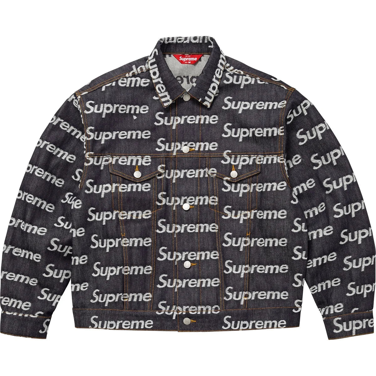 Supreme Jacquard Logos Denim Trucker Jacket Rigid Indigo