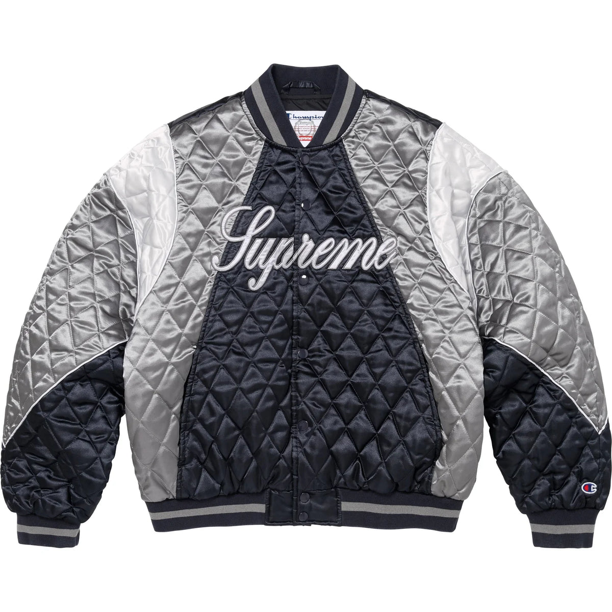 Supreme x Champion Quilted Satin Varsity Jacket Navy