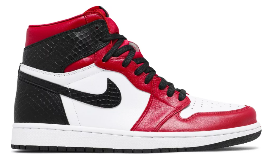 czarne czerwone białe chromowane błyszczące skóra węża wysokie air jordan 1 high satin snake chicago