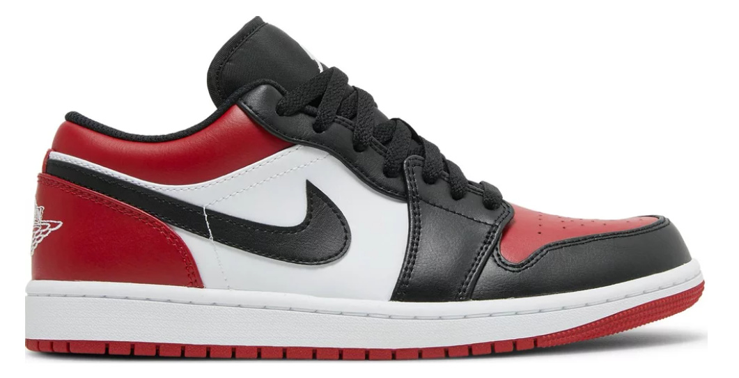 czerwone białe czarne niskie buty air jordan 1 low bred toe