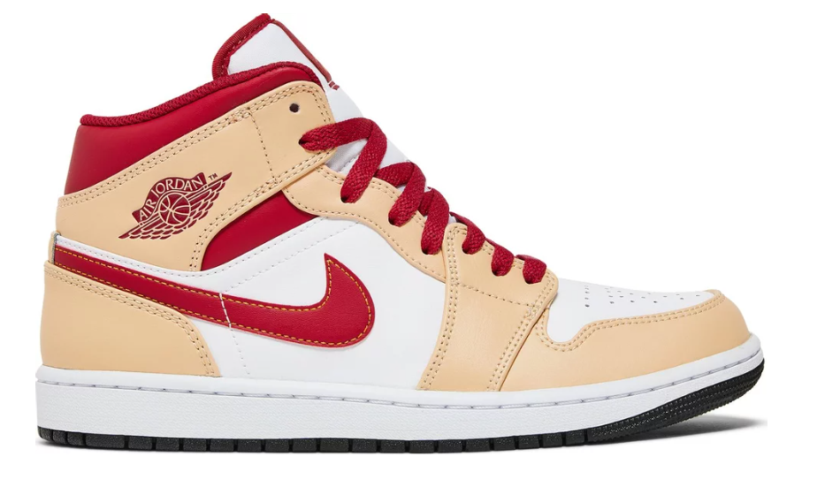 beżowe czerwone białe czarne średnie buty air jordan 1 mid cardinal red light curry cardinal