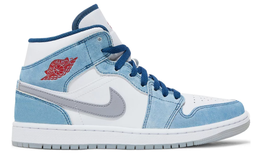 białe niebieskie szare srebrne czerwone średnie air jordan 1 mid french blue