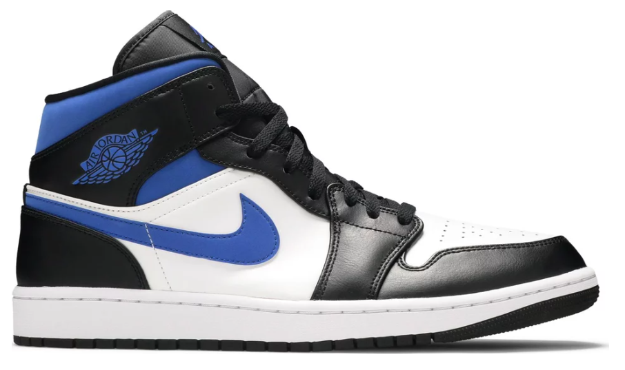 niebieskie białe czarne średnie buty air jordan 1 mid racer blue