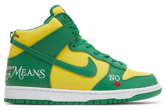 zielone białe żółte czerwone w serce wysokie buty nike dunk high sb supreme by any means brazil