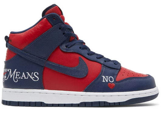 czerwone granatowe białe wysokie nike dunk high sb supreme by any means navy