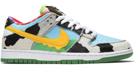 zielone czarne żółte kolorowe niskie buty nike dunk low sb ben and jerrys chunky dunky w kolaboracji z ben and jerrys z krowim włosiem i firmą od lodów