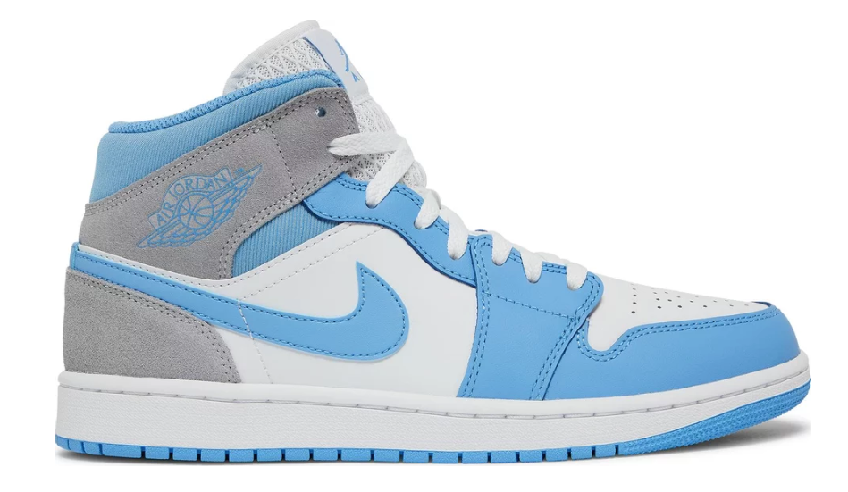 szare białe niebieskie baby blue średnie buty air jordan 1 mid university blue unc